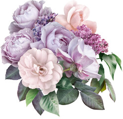 Wall Mural - Lilac and roses  isolated on a transparent background. Png file.  Floral arrangement, bouquet of garden flowers. Can be used for invitations, greeting, wedding card.