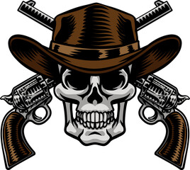 Sticker - A cowboy grim reaper skull wearing a country or western style hat with pirate cross bones of guns or pistols old vintage revolvers