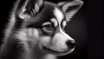 Wall Mural - Schwarz weiß Portrait von einem Husky als Welpe. Perfektes Wandbild - Generative Ai