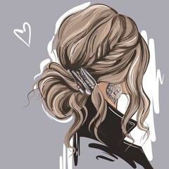 fashion woman Hairstyle. Hair tied in a Bun with bobby Pins. Girls Head back view. Trendy illustration for hairdresser and beauty salon.