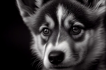 Wall Mural - Schwarz weiß Portrait von einem Husky als Welpe. Perfektes Wandbild - Generative Ai