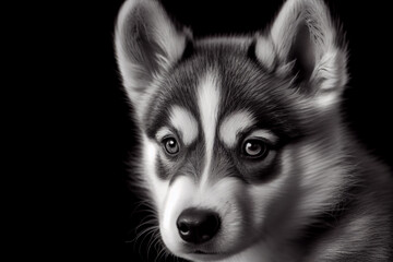 Wall Mural - Schwarz weiß Portrait von einem Husky als Welpe. Perfektes Wandbild - Generative Ai