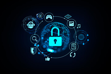 Poster - Earth globe and cybersecurity lock hologram with diverse icons