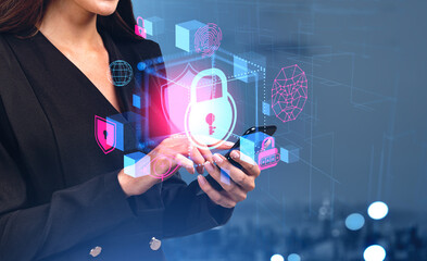 Poster - businesswoman in formal wear holding smartphone with digital int