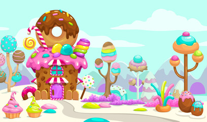 Wall Mural - Cartoon sweet candy land scene, vector art