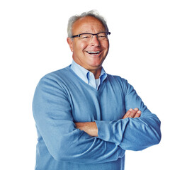 A graceful senior person of the family or a grand pa or grand father smiling confidently with his hands crossed isolated on a png background.