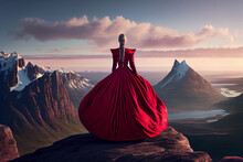 Eine Frau Im Roten Prinzessinnenkleid Auf Hohen Bergen: Träume Werden Wahr Inmitten Von Schönheit Und Freiheit - Generative Ai
