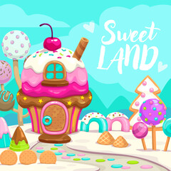 Wall Mural - Cartoon sweet candy land illustration, vector art