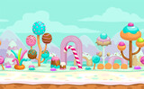 Fototapeta Dinusie - Cartoon vector sweet candy land, seamless scene