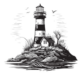 Lighthouse on the seashore sketch hand drawn illustration