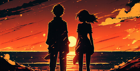 couple on the sunset beach, anime style, generated ai