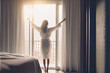 
Ein neuer Tag bricht an: Frau im Morgenmantel zieht die Vorhänge auf - Generative Ai
