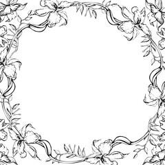  Hand drawn vector ink orchid flowers and branches, monochrome, detailed outline. Circle wreath composition. Isolated on white background. Design for wall art, wedding, print, tattoo, cover, card.