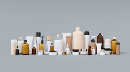 Wall Mural - skincare and beauty products on gray studio background 3d render