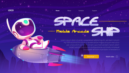 Poster - Cute cartoon astronaut flying on rocket in space, mobile arcade landing page. Vector illustration of boy in cosmonaut suit lying on spaceship on starry dark sky background and alien planet landscape