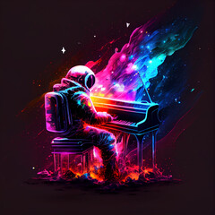 colorful neon augmented astronaut play piano