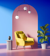 Wall Mural - 3d render of an 80s vibrant interior in Memphis style with arched wall, blue and pink colours, a ficus lyrata and a terrazzo floor