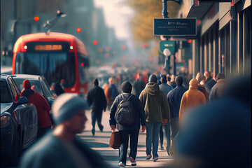 illustration of crowd of anonymous people walking on busy city street. ai