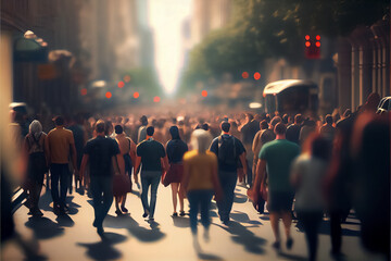 illustration of crowd of anonymous people walking on busy city street. AI