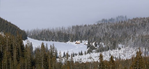 Poster - Panorama ofHala Gasienicowa (Valley Gasienicowa) with shepherd's hut in Tatras Mountains, Zakopane, Poland, Tatra National Park. 