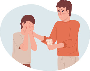 Poster - Respecting teenager feelings 2D vector isolated illustration. Father comforting son with glass of water flat characters on cartoon background. Colorful editable scene for mobile, website, presentation