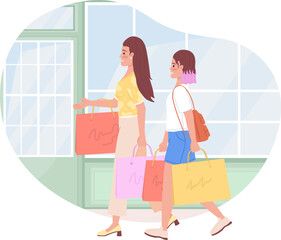Poster - Go shopping 2D vector isolated illustration. Modern mom and daughter purchasing clothes together flat characters on cartoon background. Colorful editable scene for mobile, website, presentation