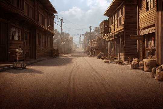 3d illustration rendering of an empty street in an old wild west town with wooden buildings. generat