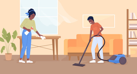 Poster - Doing chores together flat color vector illustration. Teenage boy helping around house. Mom and son cleaning home. Fully editable 2D simple cartoon characters with living room interior on background