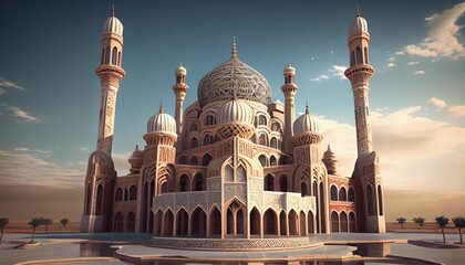 mosque, with intricate tile work, a towering minaret ramadan of celebration background. generative ai