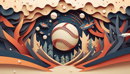 3d baseball background paper cut style. Generative AI.