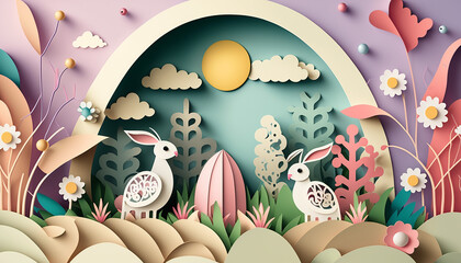 Wall Mural - Colorful cute easter background with eggs and bunny rabbit in paper cut style. Generative AI.