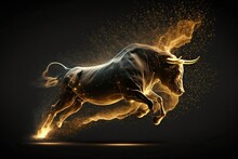 Charging Bull On Black Background. Bull Represents Aggressive Financial Optimism And Prosperity. Generative AI.