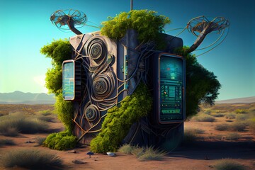 Wall Mural - Powerful futuristic computer, server block in cyberpunk style in the desert, overgrown with moss. Concept of sustainable futuristic telecommunication, intricate details. Generative AI