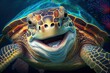 Happy smiling sea turtle swimming underwater. Generative AI