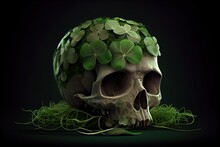 Skull With Four Leaf Clover Leaves. Green Skull. Saint Patrick's Skull. Halloween Concept. Generative AI 