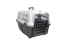 Pet Carrier For Traveling Isolated On White Background. Carrier With Locked Door For Pet Isolated On White. Large Plastic Carrier Cage.