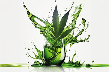 illustration of a glass of water with a green leaf of cannabis in it, generative ai