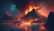 Volcano magma eruption destruction background. Nature catastrophe wallpaper. Generative AI technology.