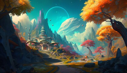 Wall Mural - Beautiful fantasy kingdom planet background. Generative AI technology.