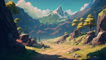 Wall Mural - Snow mountain valley landscape background. Grass hill beautiful scenery. Generative AI technology.	
