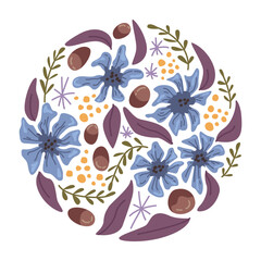 Poster - Abstract floral pattern in shape of circle. Isolated blooming flowers with foliage and leaves, twigs and branches. Summer blossom. Vector in flat style