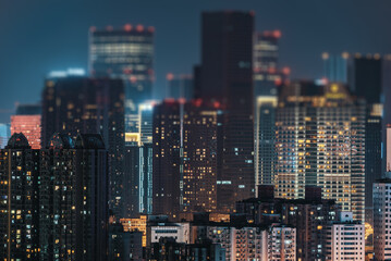  Urban skyline at night aerial view with tilt-shift effect, Chengdu, Sichuan province, China