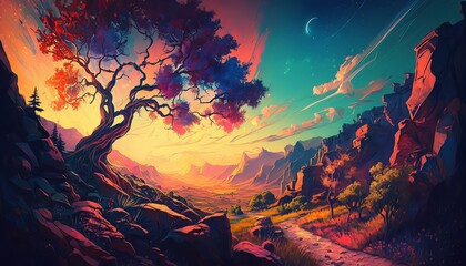 Wall Mural - Magical fantasy colorful sunset valley landscape background. Generative AI technology.