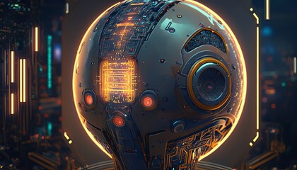 Poster - Sphere artificial intelligence technology. retro machine background. Cyber Generative AI technology.	
