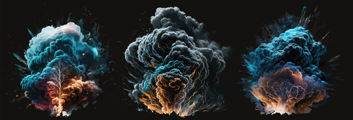 Fototapete - Set magic explosion, game bomb boom effect with colorful clouds. Isolated smoke cumulus elements of gas explosion, effect and promo flash black. Vector illustratio