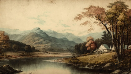 vintage countryside landscape with trees, shrubbery, and nature. rivers and lakes, old country house