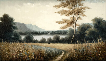 vintage countryside landscape with trees, shrubbery, and nature. rivers and lakes, old country house
