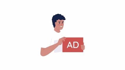 Poster - Animated male advertiser. Digital marketing. Advertising company. Ads agency. Flat character animation on white background with alpha channel transparency. Color cartoon style 4K video footage