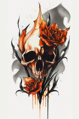 Orange Flowers Skull Watercolor - Generative AI