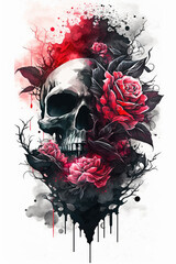 Wall Mural - Pink Roses Watercolor Skull - Generative AI